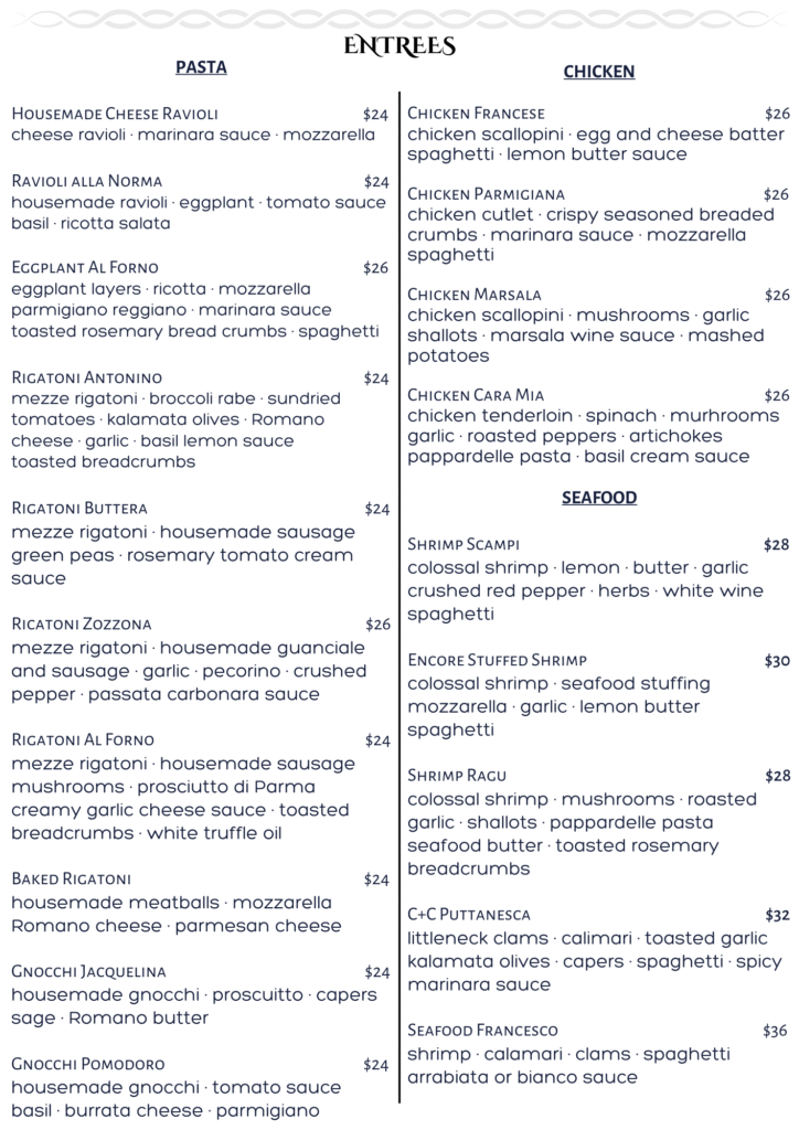 dinner menu - encore restaurant